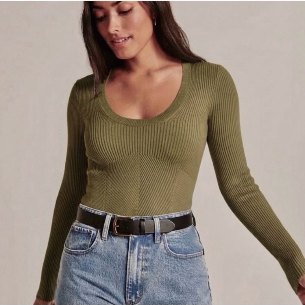 Abercrombie & Fitch Olive Ribbed Long-Sleeve Top bodysuit